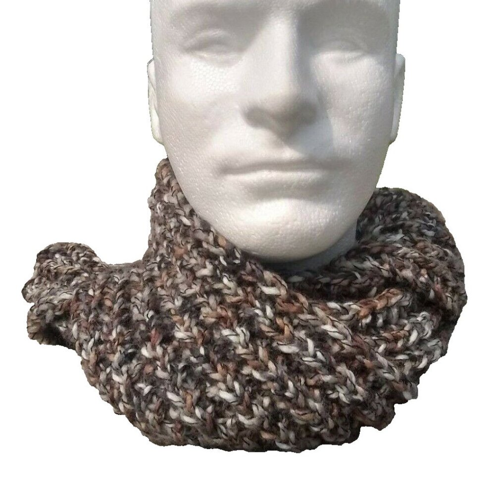 Mens Handmade Scarf Thick & Chunky Knit Rib Striped Brown Beige White USA Womens